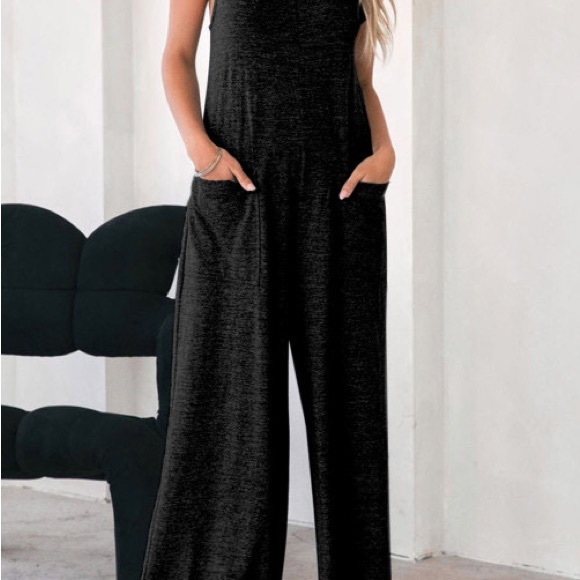 Pants - 140. Wide Leg Jumpsuit Black Front Pockets